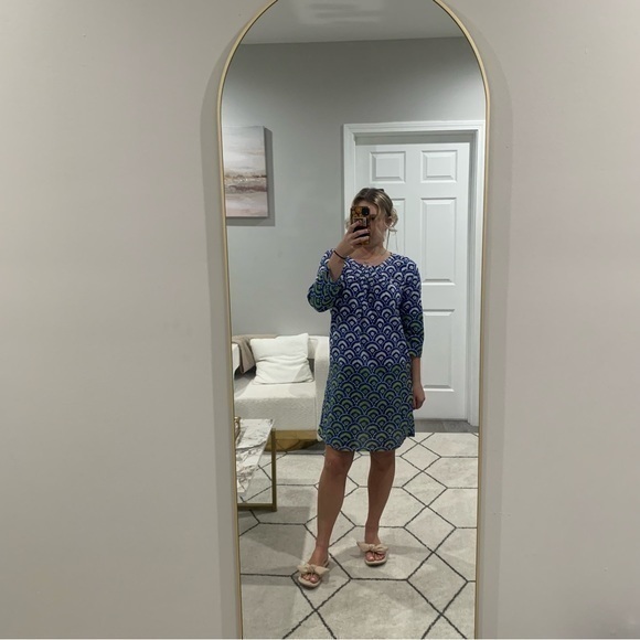 Roberta Roller Rabbit Dress 100% Cotton V Neck Blue Green Pattern